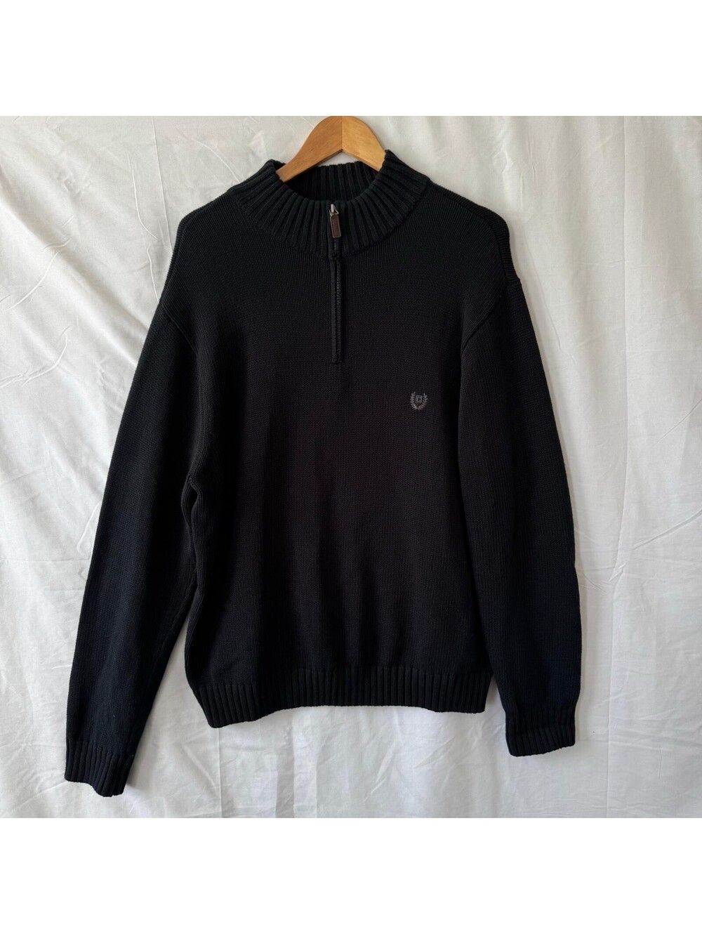 CHAPS Sweater XL Black Quarter Zip Cotton Knit Embroidered Logo Mens
